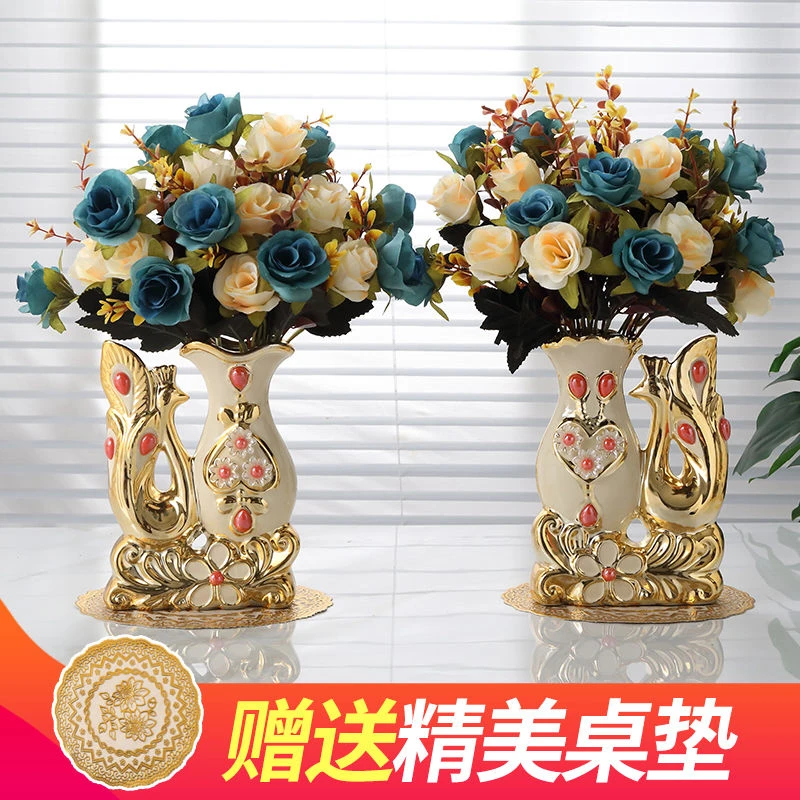 送瓶垫天鹅陶瓷台面花瓶欧式客厅插花摆件创意仿真花瓶装高档饰品