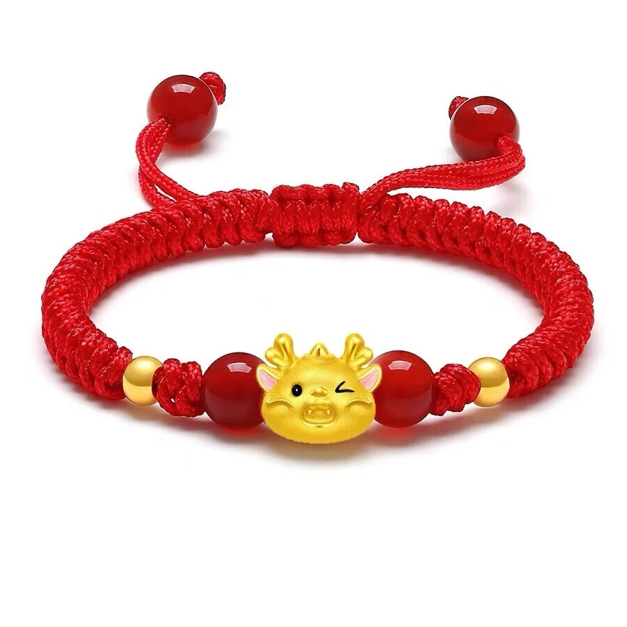老凤样999足金生肖龙黄金转运珠龙年本命年手链女红绳小奶龙情人