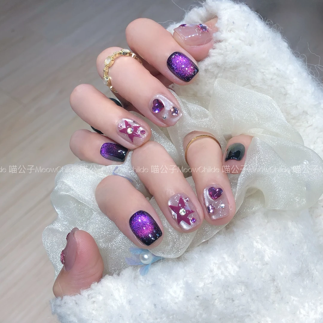 喵公子【紫韵星眸】【施家全华钻】纯手工穿戴甲可拆卸美甲光疗甲