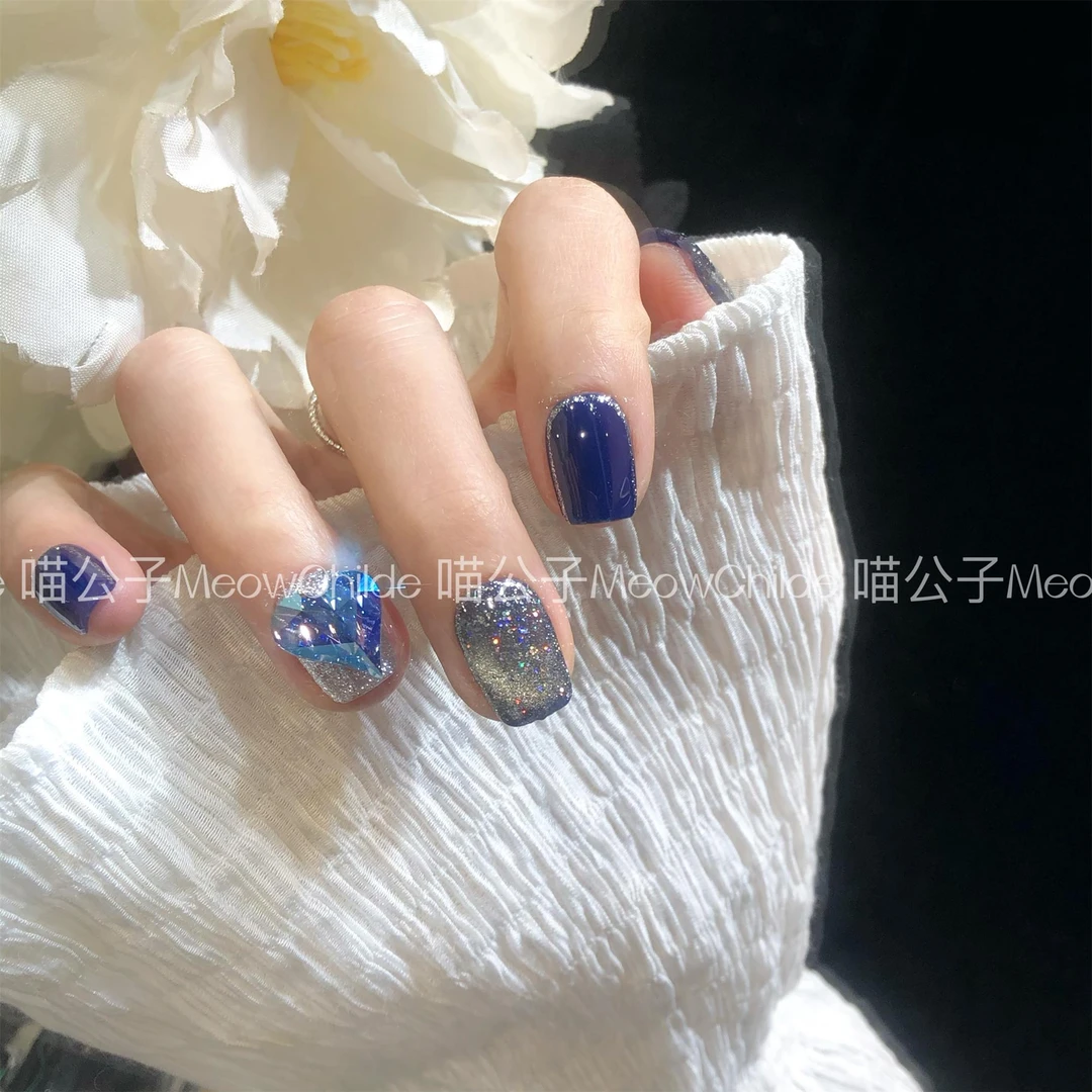喵公子【蓝调】【施家全华钻】纯手工穿戴甲可拆卸美甲光疗甲