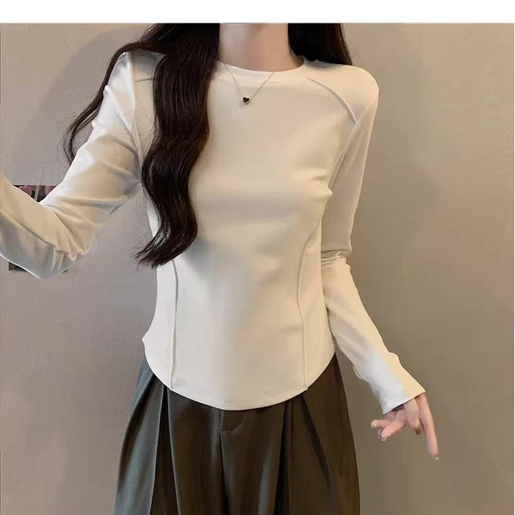 正肩磨毛打底衫女设计感鱼骨修身保暖内搭上衣春秋冬长袖T恤577