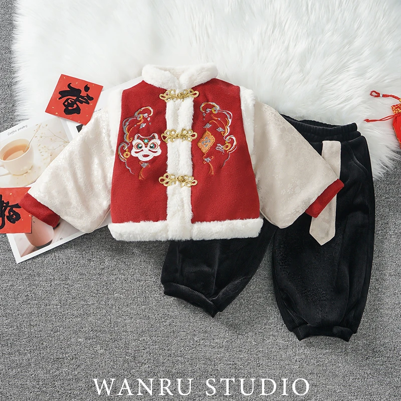 【惊鸿】婴幼儿喜庆拜年服套装童装毛绒加厚冬季香风件套红色龙年