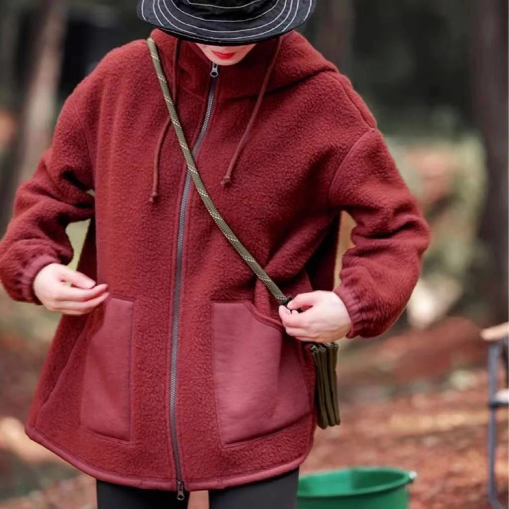 砖红色羊毛高品质拉链连帽衫加厚休闲时尚春秋运动户外保暖冬季