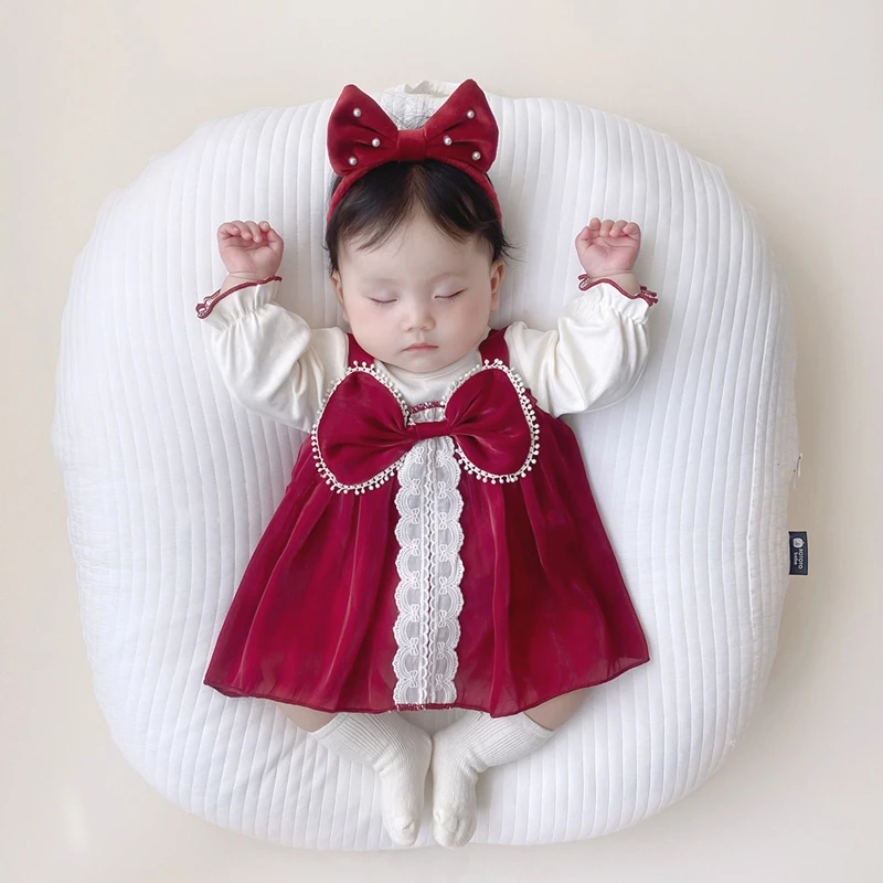 婴儿衣服连体衣秋装女宝宝红色公主哈衣裙婴幼儿满月百天礼服裙子