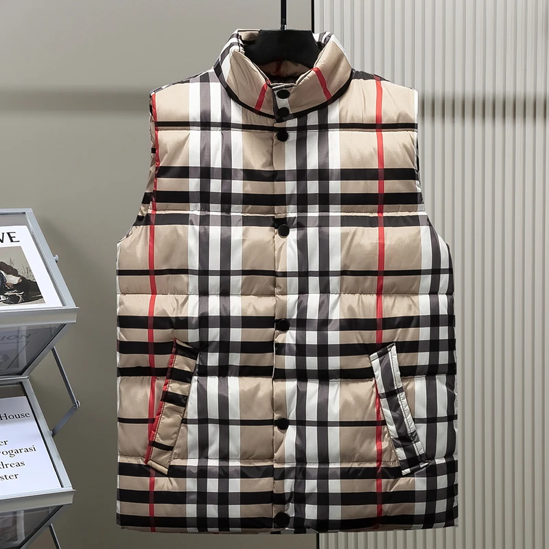 马甲男秋冬韩版潮流格子男士马夹外套加厚保暖冬装羽绒棉背心坎肩