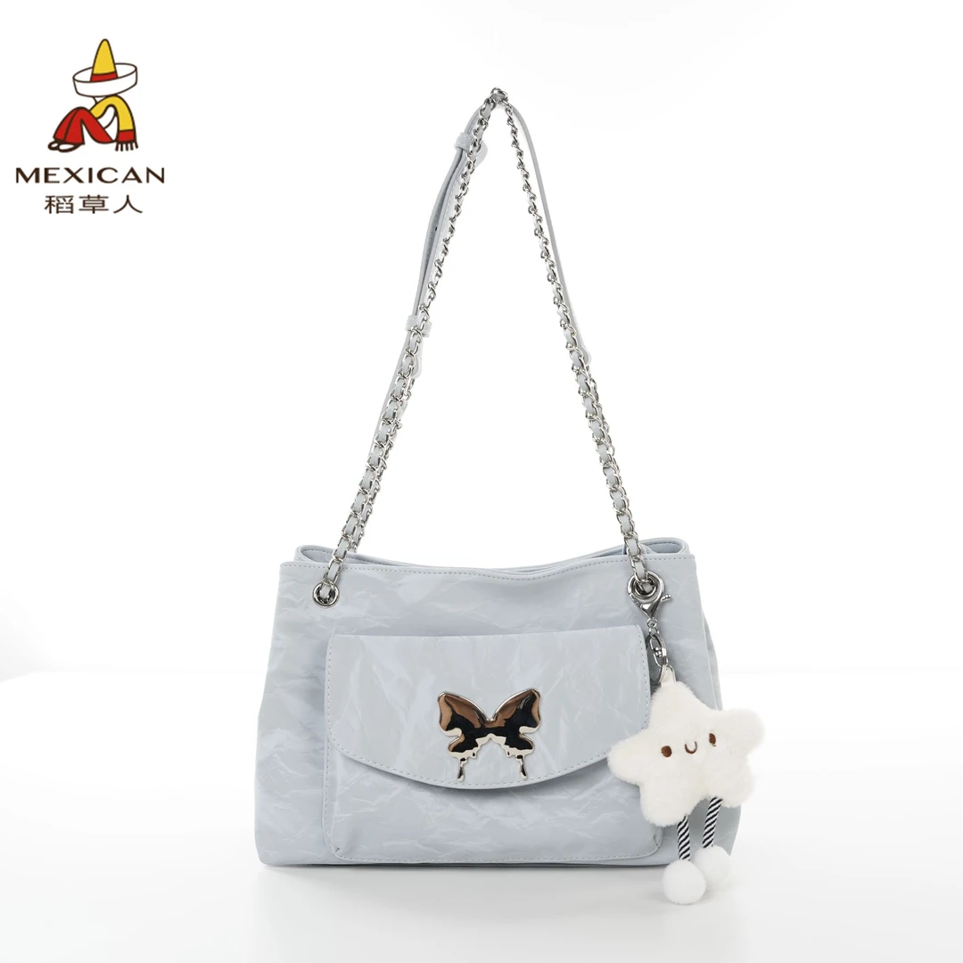 稻草人2025新品蓝色时尚百搭单肩链条斜挎蝴蝶五金包包潮流