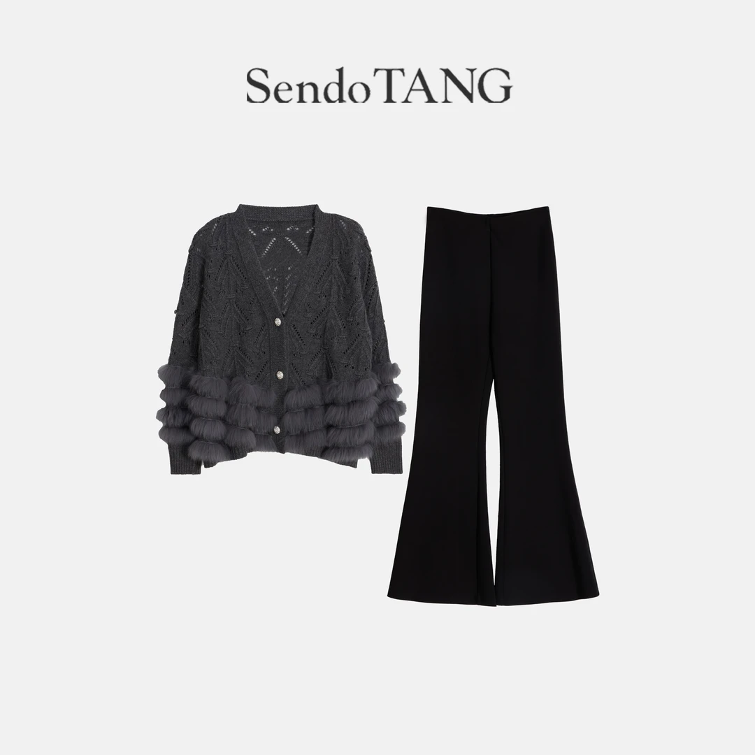 今年流行【灰色轨迹】胖多女装新款拼接针织衫毛衣百搭显瘦裤子套装