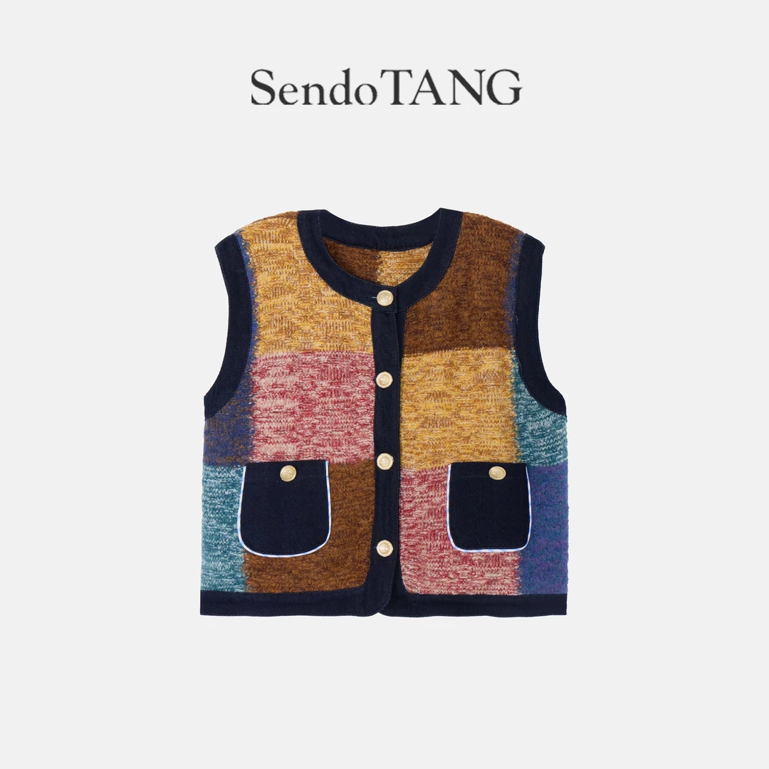 惊呼的美【向阳】胖多女装时尚新品拼色宽松显瘦单排扣针织马甲