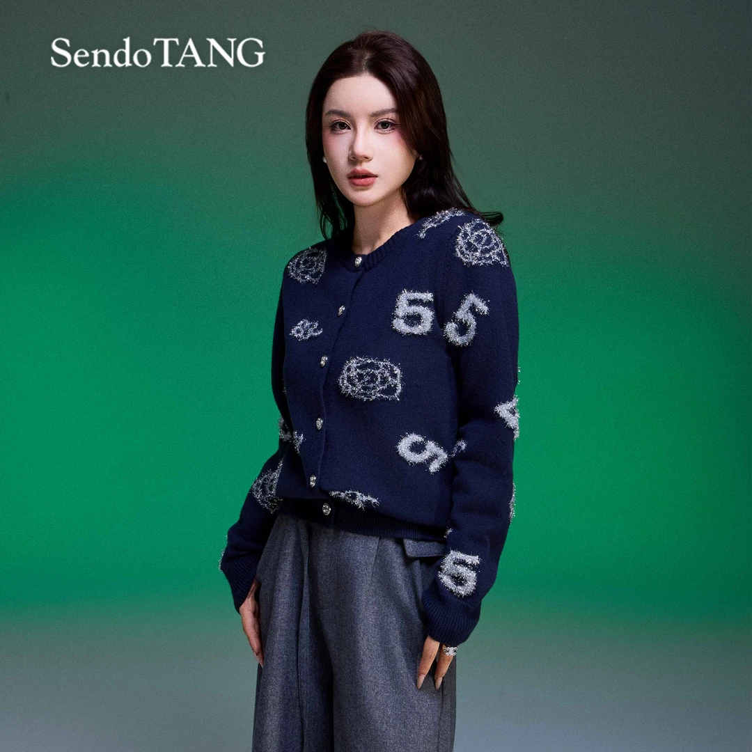 限定高货【如此迷人】胖多女装时尚新款亮丝圆领百搭长袖针织开衫