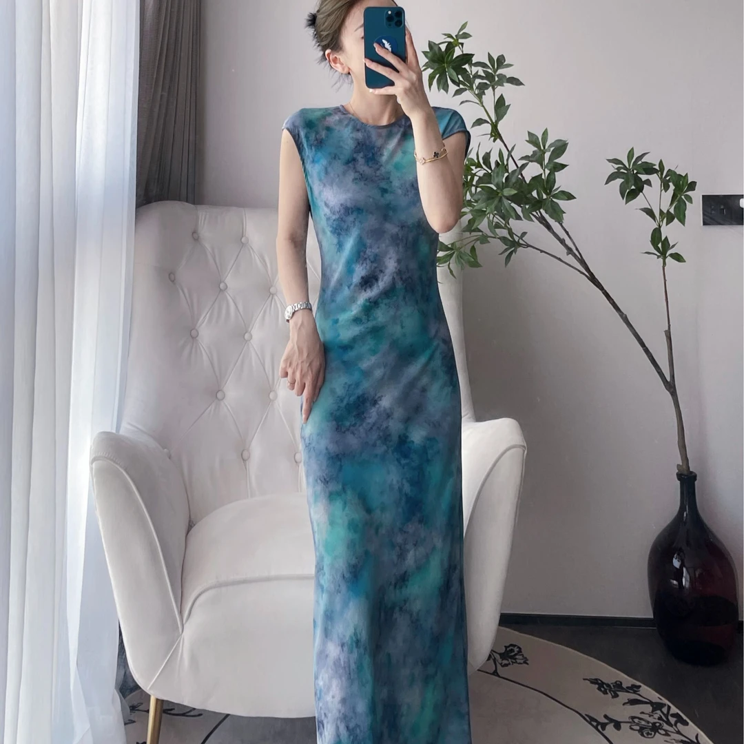 B1060夏季新款新中式黄色印花高级显瘦连衣裙