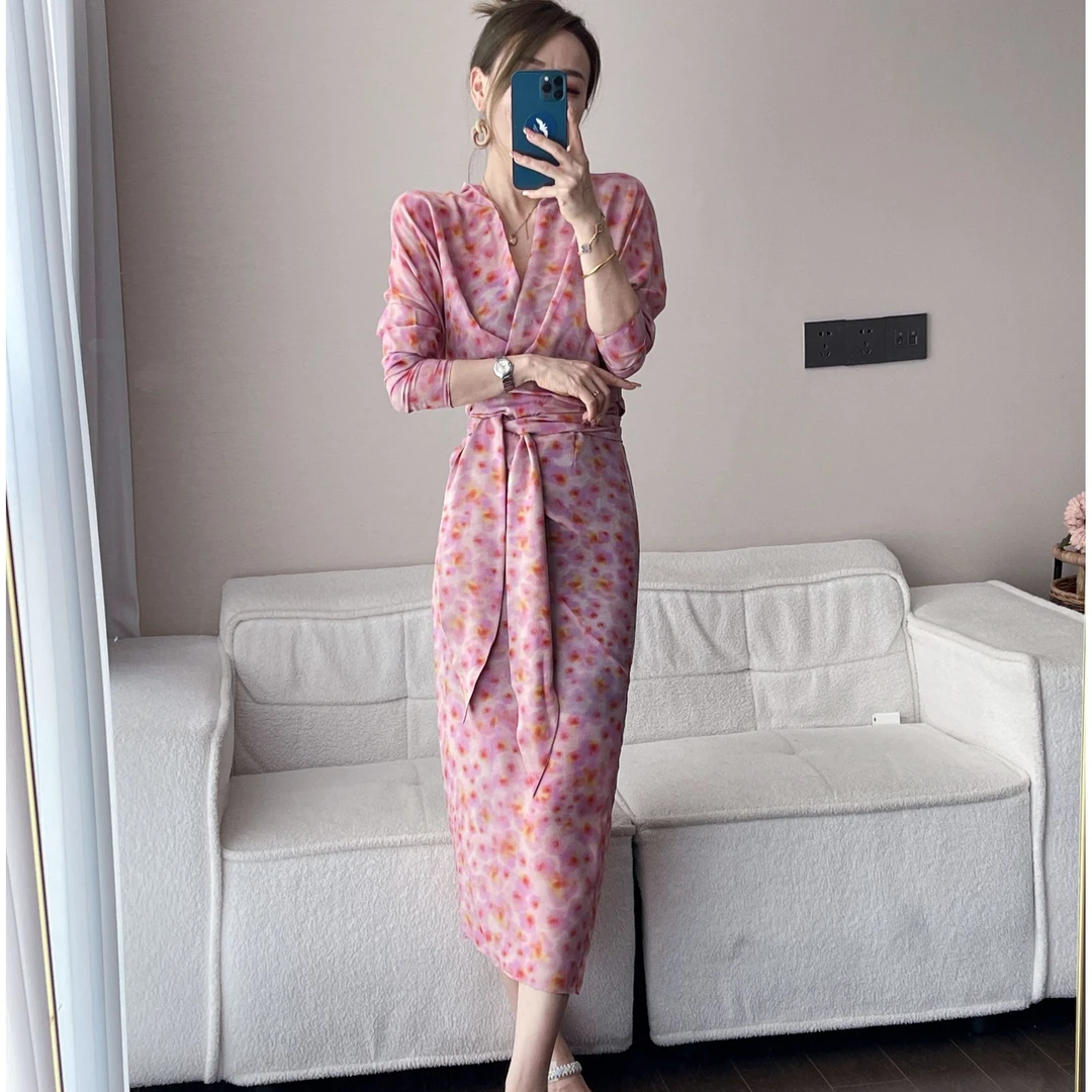 【李嘉潼】B1114夏季新款印花高级显瘦裹身连衣裙