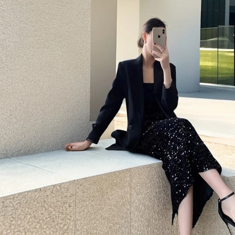 半裙时尚亮片显瘦网红气质休闲洋气名媛春秋百搭女神黑色