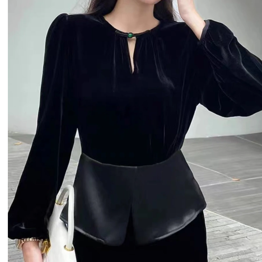 真丝丝绒拼醋酸上衣显瘦气质长袖轻奢洋气百搭黑色