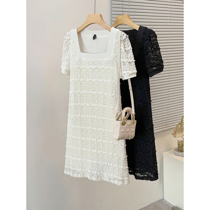 2025夏季女装胖妹妹大码时尚洋气减龄蕾丝收腰显瘦遮肉法式连衣裙