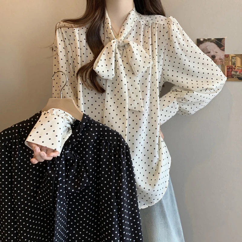 2025春装大码法式波点蝴蝶结系带衬衫女宽松洋气百搭显瘦衬衣上衣