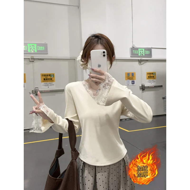 2025冬装新款加绒加厚上衣胖mm大码蕾丝时尚减龄显瘦打底衫T恤女
