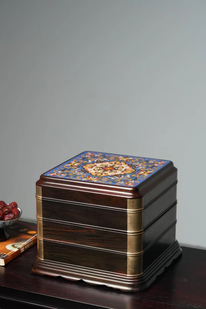 奢侈品老挝大红酸枝交趾黄檀景泰蓝工艺多层多功能茶盒