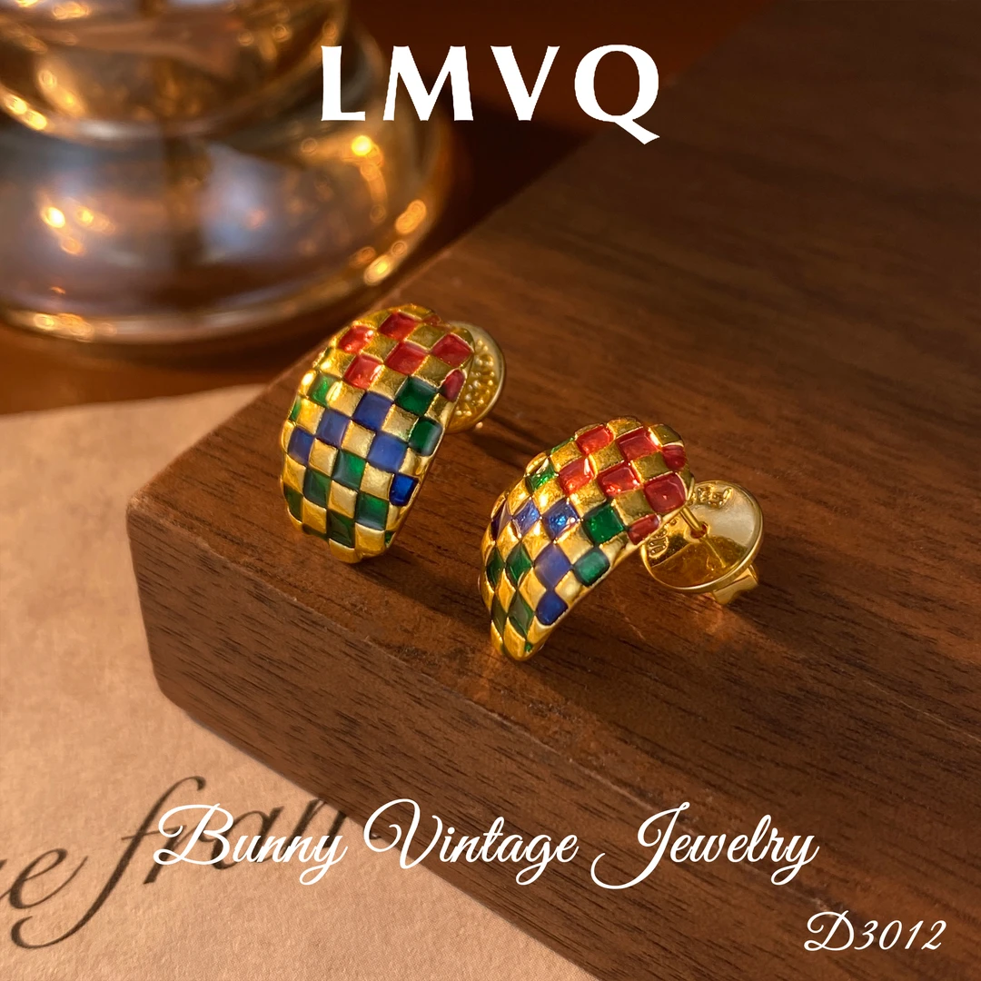 铜合金耳饰 D3012 法★【彩色棋盘格】LMVQ 罗曼维奇 耳钉