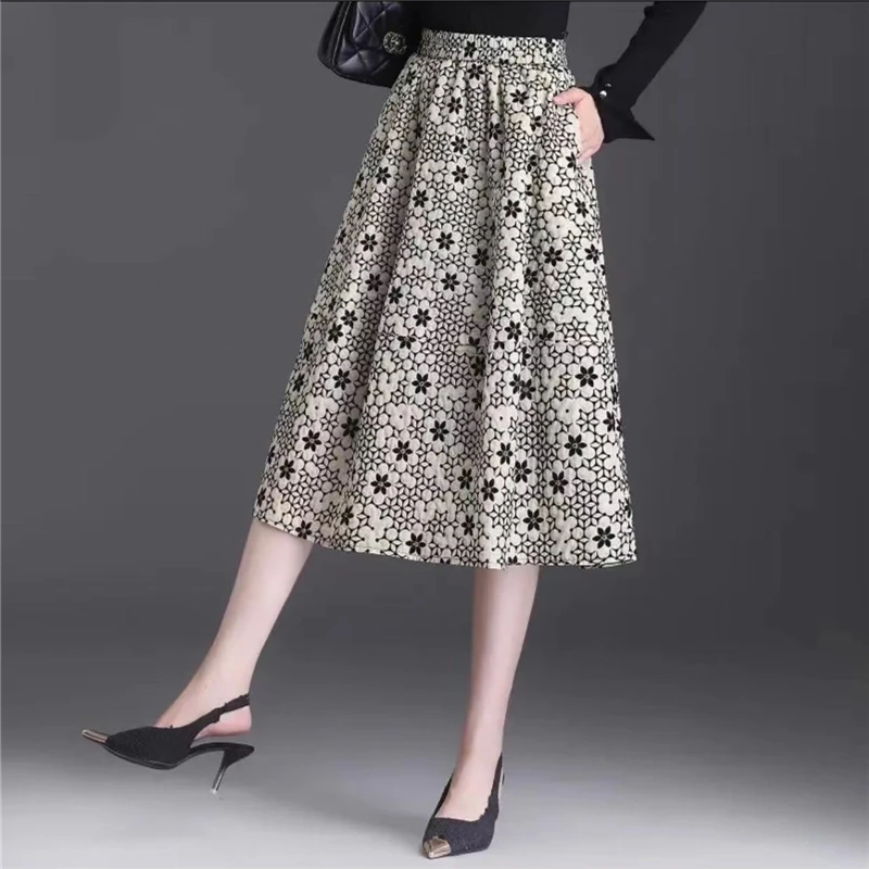 【秋冬新品】高腰复古百褶显瘦半身裙女植绒提花休闲a字伞裙中长款