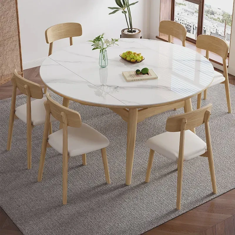 岩板实木餐桌可伸缩家用客厅折叠岩板餐桌椅组合轻奢简约可变圆桌