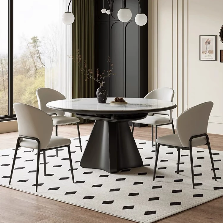 意式饭桌岩板餐桌可伸缩方圆两用黑色现代简约小户型家用伸缩圆桌