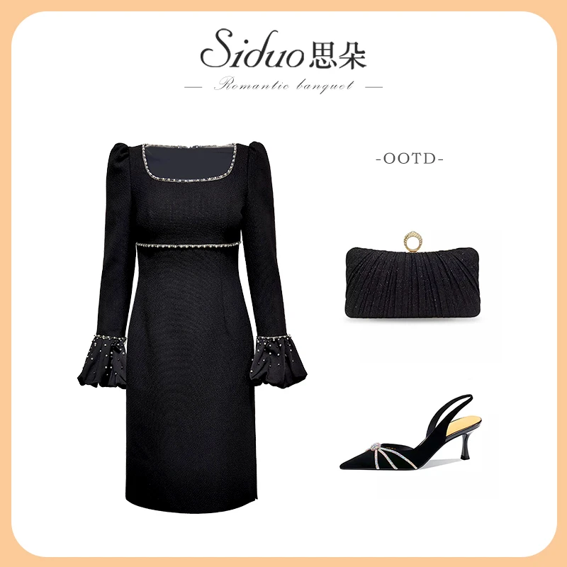 【思朵】Y24234礼服裙女显瘦气质轻奢时尚黑色收腰法式长袖连衣裙