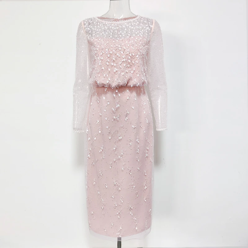 【思朵】S23428蕾丝气质长袖时尚女士长款修身轻奢设计师重工优雅