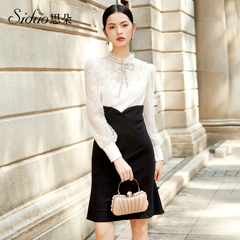 S22103礼服女黑白撞色蕾丝钉珠洋气名媛小众设计晚宴派对连衣裙