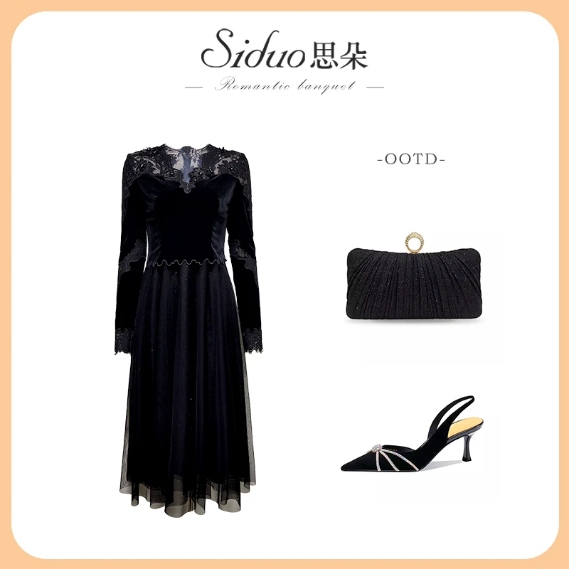 Y24245秋冬丝绒蕾丝优雅礼服女年会高级感时尚气质百褶名媛连衣裙