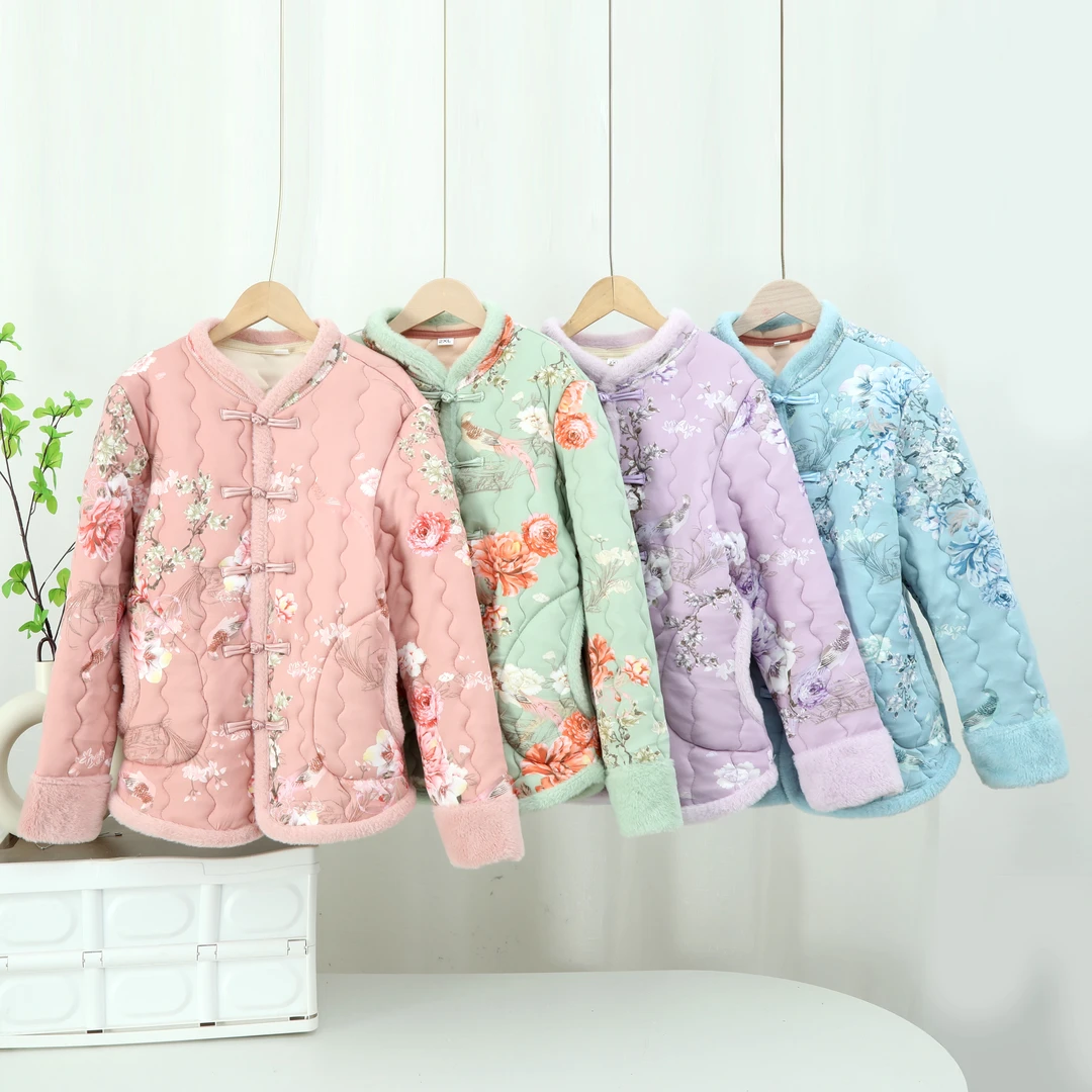 爆款花棉袄新中式盘扣复古棉衣时尚保暖棉服秋冬中国风圆领棉服