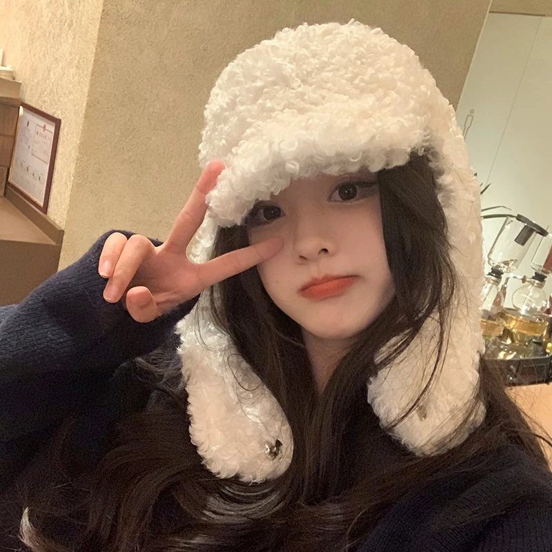 日系纯色羊羔毛绒加厚保暖护耳雷锋帽子女秋冬百搭骑车防风滑雪帽