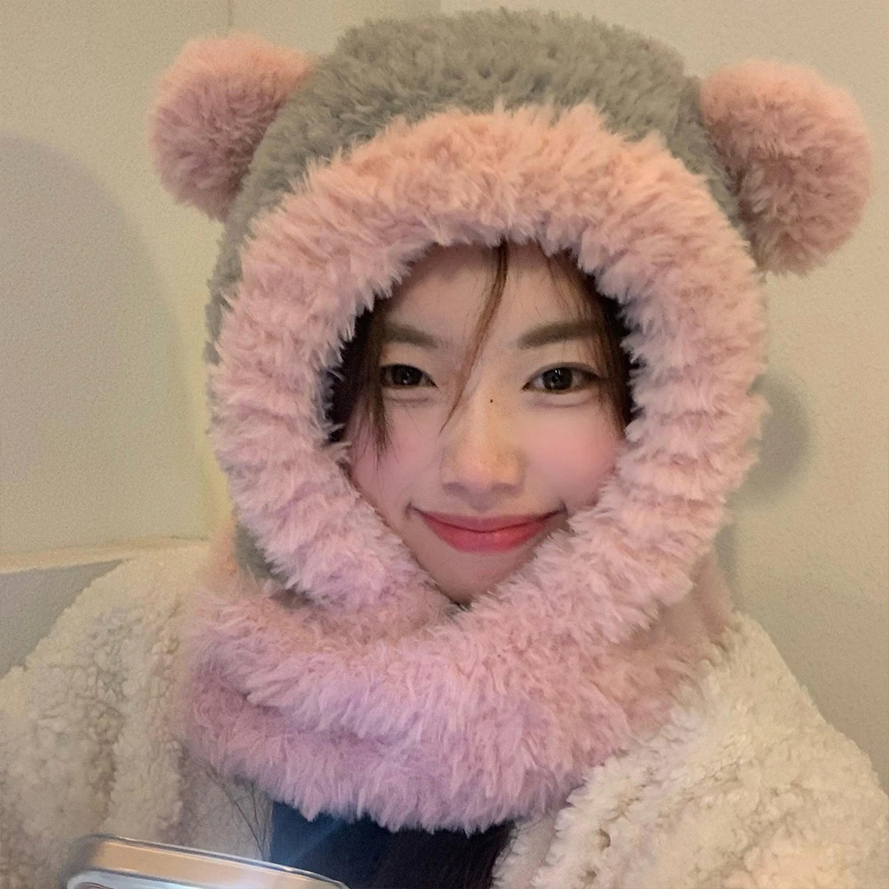 拼色小熊耳朵帽子女秋冬季韩版百搭加厚保暖显脸小可爱护耳雷锋帽