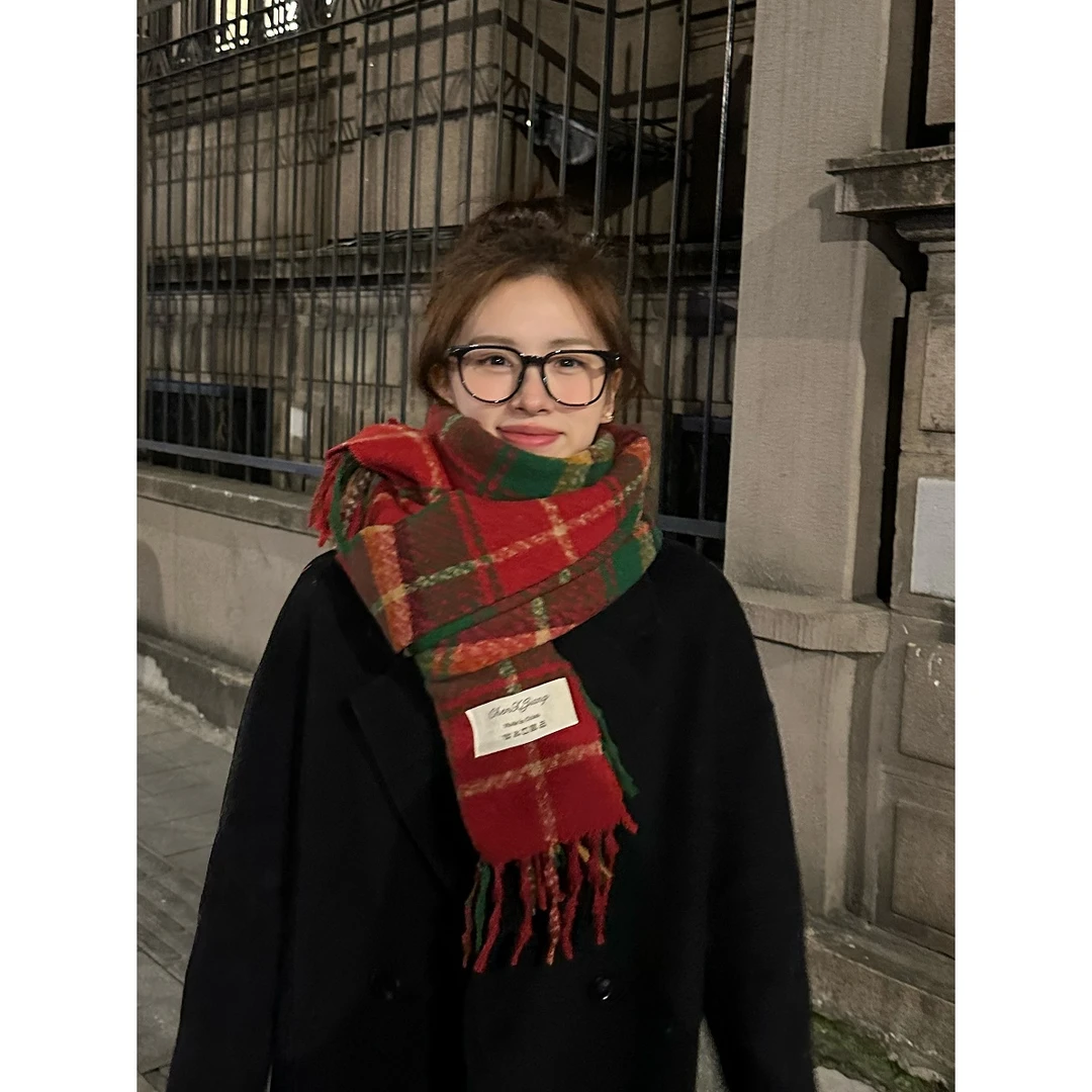 红色格子围巾女韩版ins针织新年圣诞礼物加厚百搭学生围脖披肩