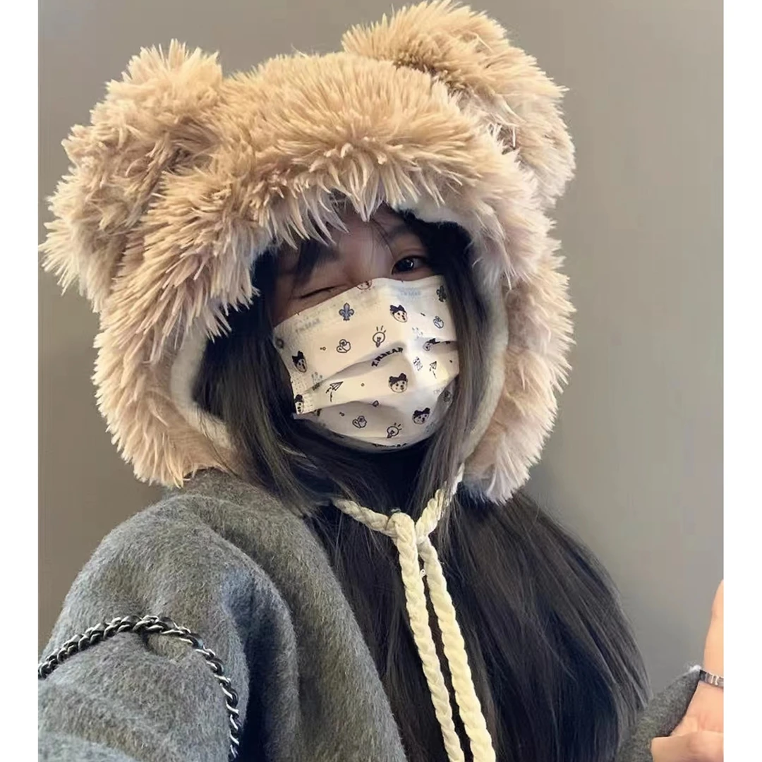 可爱小熊帽子女加厚毛绒绒冬季护耳套头帽显脸小保暖雷锋帽学生潮