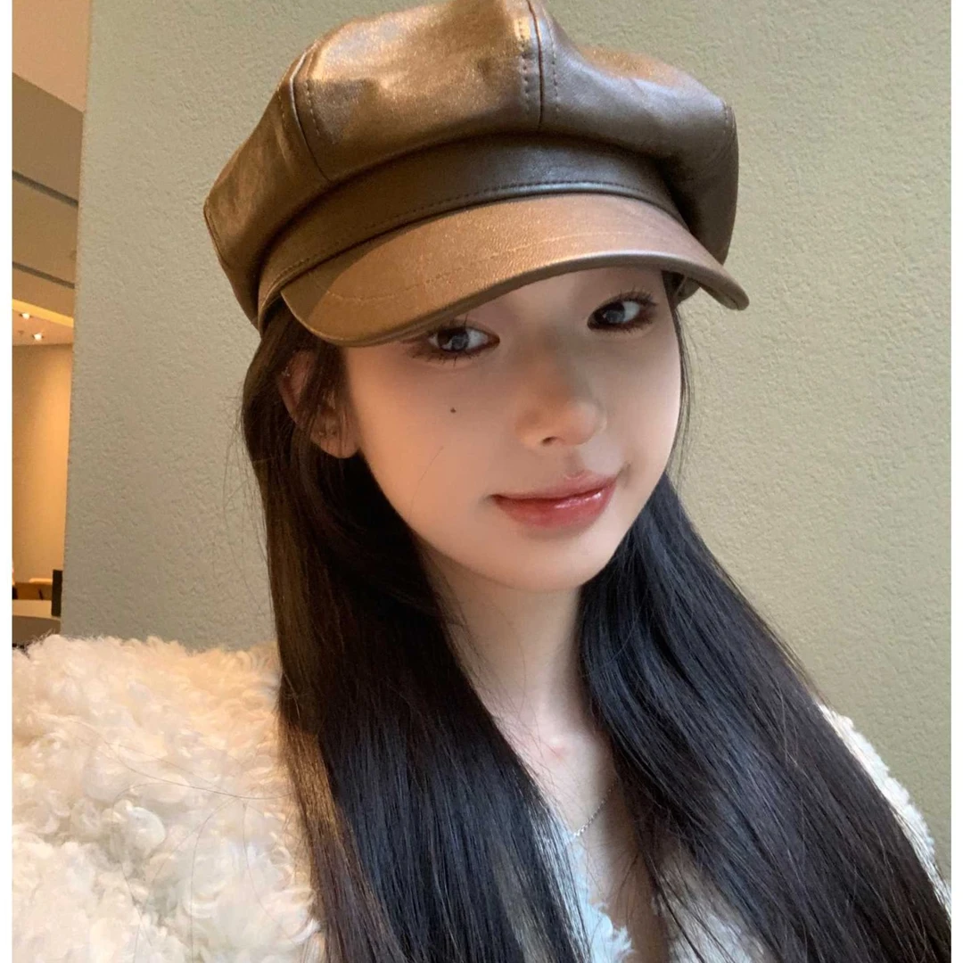 优质PU皮鸭舌帽女日系黑色休闲复古画家贝雷帽显脸小云朵八角帽子