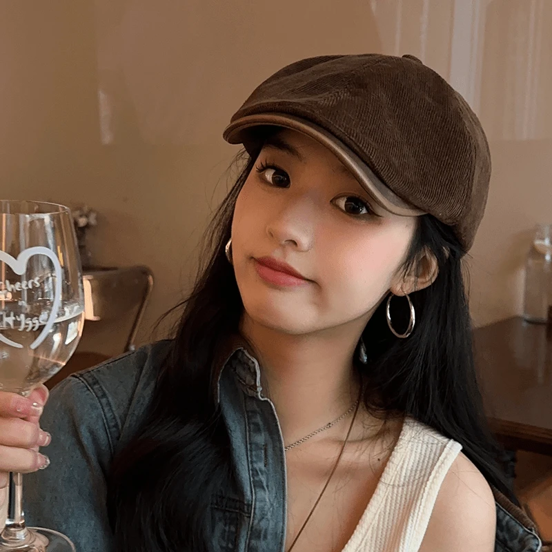 秋冬日系季时尚百搭显脸小鸭舌帽贝雷八角帽韩版灯芯绒前进帽复古