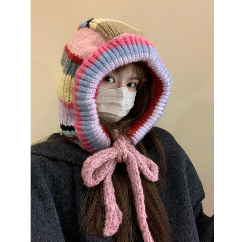 韩国复古手工钩针巴拉克拉法帽百搭秋冬护耳大头围毛线帽防风冬天