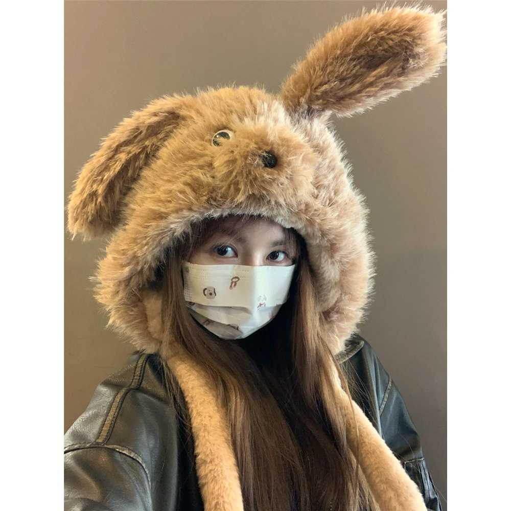 2024新款加厚毛绒绒帽子可爱会动卡通耳朵显脸小雷锋帽套头帽百搭