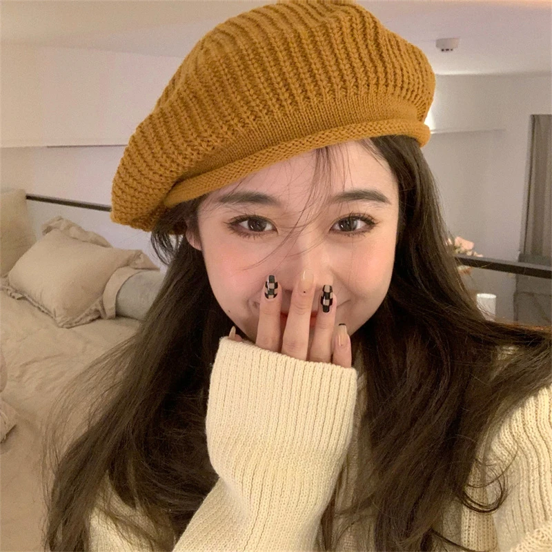 【模特心头爱】韩国欧尼同款卷边贝雷帽女秋冬显白毛线针织帽子潮