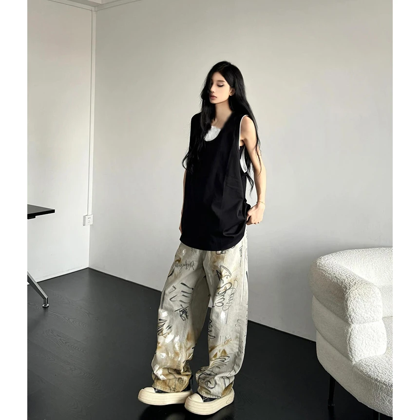 黑色美式假两件背心男女夏季新款外穿运动坎肩宽松无袖t恤短袖潮