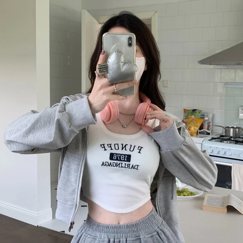 燕莉安韩版辣妹印花小吊带背心女夏季设计感白色打底短款显瘦上衣