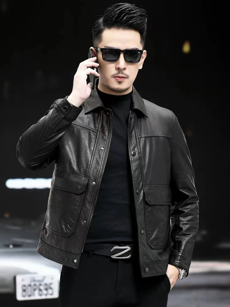 2024新款海宁真皮男士头层牛皮商务皮衣翻领夹克外套