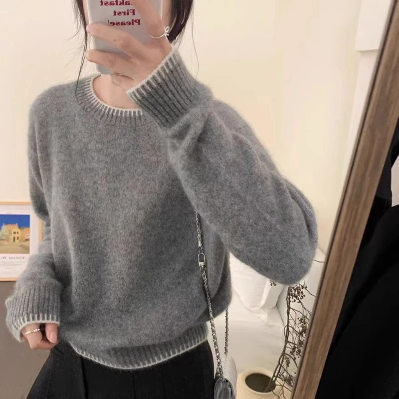 灰色浣熊绒衫女2025年春秋新款拼色圆领软糯欧货高端针织打底毛衣