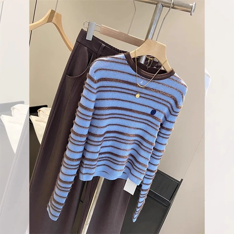 法式条纹羊绒打底衫女春秋高级感内搭毛衣修身短款正肩针织衫上衣