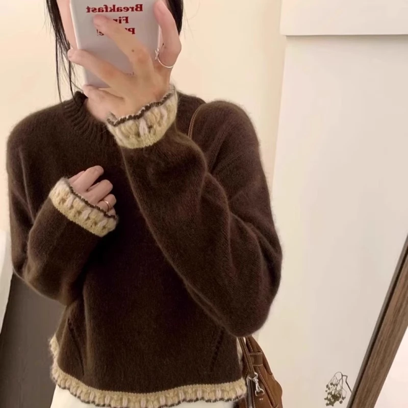 高级感超好看咖色花边针织衫女春秋内搭毛衣设计感小众慵懒风上衣