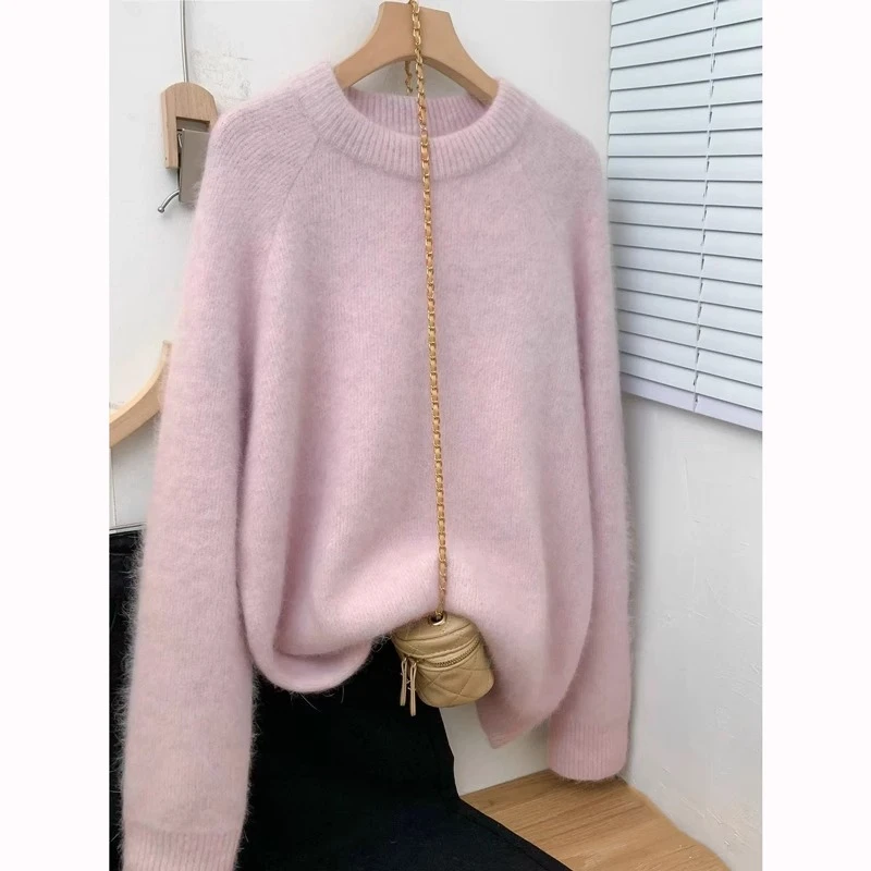 欧货高端浣熊羊绒衫女2025年春秋粉色插肩宽松慵懒加厚打底毛衣