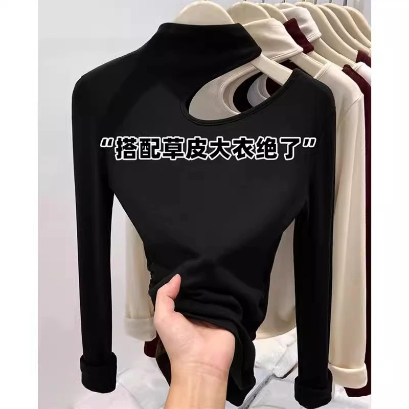 镂空半高领长袖t恤女春秋季新款修身辣妹磨毛纯欲打底衫内搭上衣