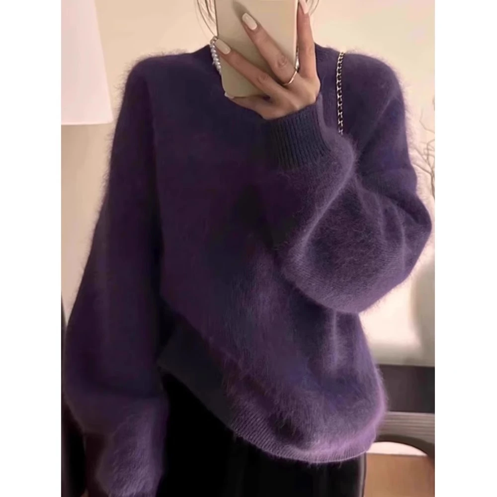 欧货高级感葡萄紫色水貂绒毛衣女春秋软糯慵懒风内搭浣熊绒针织衫