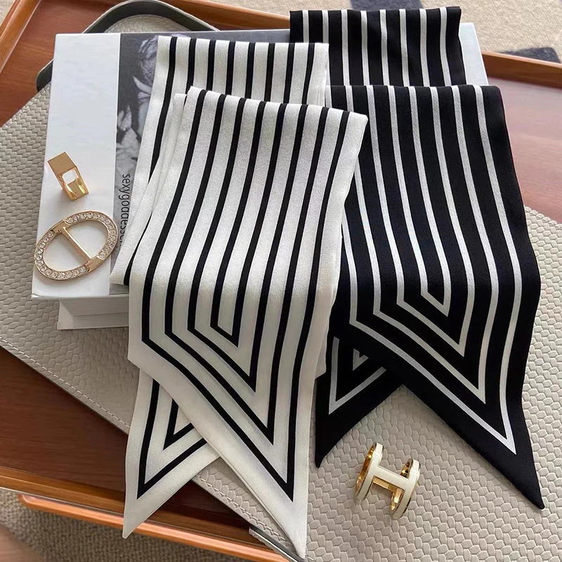 【黑白条纹】简约大方百搭条纹护颈长条薄款小丝巾高档14*145