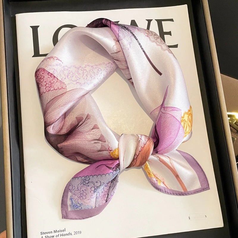 【丽影玉兰】53桑蚕丝真丝小方巾浪漫紫色温柔气质百搭小丝巾薄款